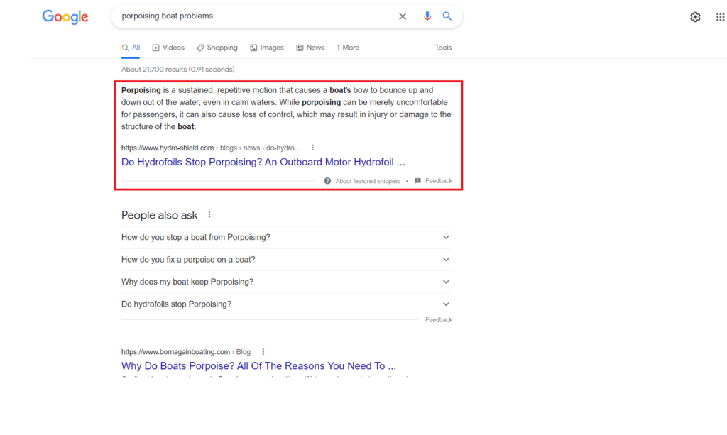 Example of Google snippet result from blog content optimization